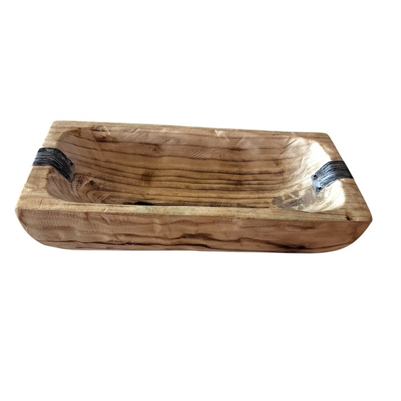 Wood dough bowl with metal accents farmhouse decor rustic - Picture 1 of 3